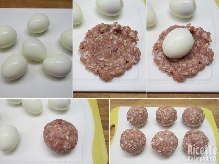 Rassodare le uova e avvolgervi la carne intorno